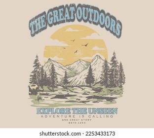 Adventure at the mountain graphic artwork for t shirt   others  Mountain and tree retro vintage print design  the great outdoors 