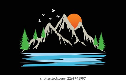 Adventure at the mountain graphic artwork for t shirt and others. Mountain with tree retro vintage print design.