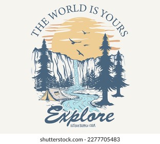 Adventure at the mountain graphic artwork for t shirt and others. Mountain with tree retro vintage print design.