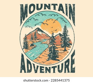 Adventure at the mountain graphic artwork for t shirt and others. Mountain with tree retro vintage print design.