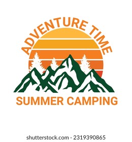 Adventure at the mountain graphic artwork for t shirt.  Mountain with sun retro vintage.