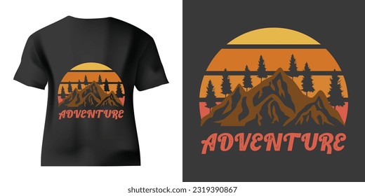 Adventure at the mountain graphic artwork for t shirt.  Mountain with sun retro vintage.