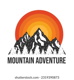 Aventura en el gráfico de montaña para camiseta.  Montaña con vintage retro solar.