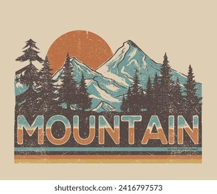 Adventure at the mountain graphic artwork for t shirt and others. Mountain with tree retro vintage print design. Outdoor vintage artwork.