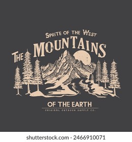 Adventure at the mountain graphic artwork for t shirt and others. Mountains art the of the Earth slogan vintage retro new tee shirt print artwork, Mountain with tree retro vintage print design