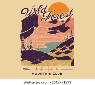 Adventure at the mountain graphic artwork for t shirt and others. Wild and forest. Mountain with tree vintage print design. Hill line hand drawing. Go outside digital painting. Mountain club.