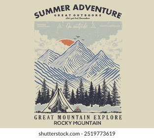 Adventure at the mountain graphic artwork for t shirt and others. Mountain with tree vintage print design. Mountain with tree vintage print design. Forest explore design. Mountain summer camp club.