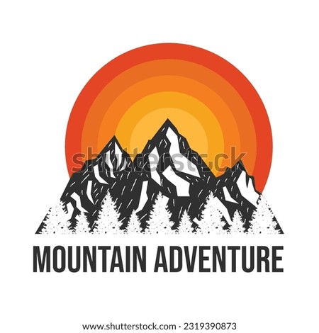 Adventure at the mountain graphic artwork for t shirt.  Mountain with sun retro vintage.
