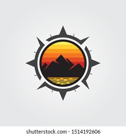 Adventure Mountain lake with compass vector logo