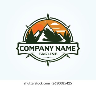 adventure mountain logo design with compass and sunset vector art