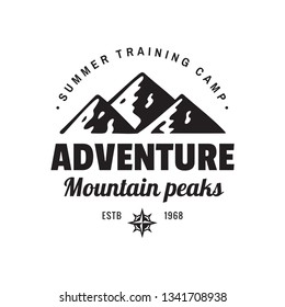 Adventure mountain peaks - concept logo badge for t-shirt clothing. Retro vintage style. Fashion graphic design. Explore expedition. Summer training camp. Creative emblem. Black & white colors.
