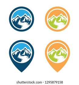Adventure mountain pine tree logo. Mountain rock and pines outdoor camping labels. Vector illustration, eps8. eps10