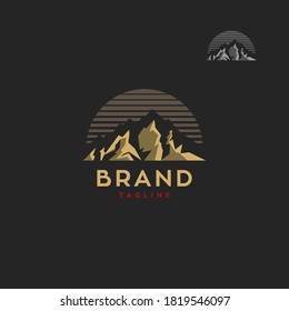 Adventure mountain with sunset logo vector symbol