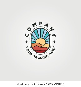 diseño de símbolo vectorial de símbolo de la montaña de aventura y de la puesta de sol, diseño de logotipo de la explosión de sol vintage