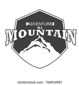 adventure in a mountain typography in a hexagon shield image vector illustration for logo, template, sticker, sign, promotion advertising material, etc
