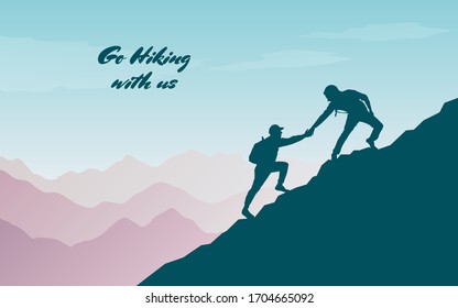 Adventure in the mountains. Assist a friend when climbing to the top. Hand of support. Friendship. Silhouette traveling people. Climbing on mountain. Vector illustration hiking and climbing team