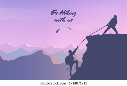 Adventure in the mountains. Assist a friend when climbing to the top. Hand of support. Friendship. Silhouette traveling people. Climbing on mountain. Vector illustration hiking and climbing team