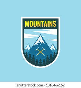 Adventure mountains - concept badge vector illustration. Expedition explorer creative logo in flat style. Discovery outdoor sign. Extreme exploration emblem. Mountaineering hiking. Graphic design.