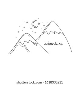 Adventure. Mountains. Hand drawn vector illustration in sketch style. Black and white. Doodle. Wanderlust. Traveling concept.