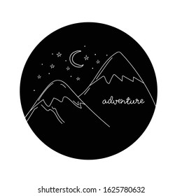Adventure. Mountains Hand drawn vector illustration in a circle. Black and white. Traveling concept.