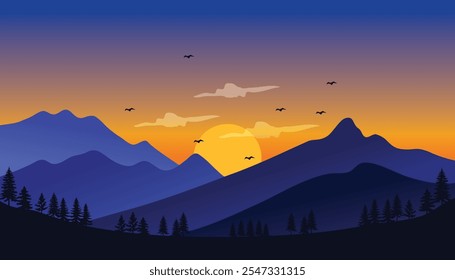 Adventure mountains sunset background with orange and blue light reflection and pine trees lined up. Background illustration