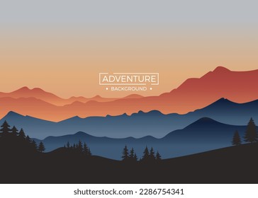 Montañas de aventura fondo de puesta de sol con reflejo de luz roja.
Ilustración de fondo.