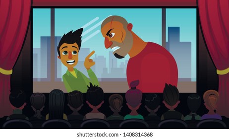 Adventure Movie Screening for Teens Cartoon Flat. In Foreground Cinema Hall. In Front Film Audience Consists Young People. Screen Cinema Film about Relationship Adults and Children Broadcast.