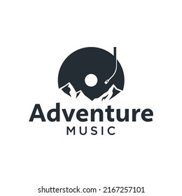 Adventure Music Logo with retro vinyl and mountain outdoor illustration