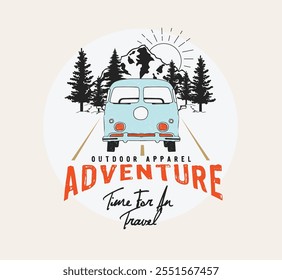 Adventure nature bus in forest  mountain design for outdoor design, vintage slogan typography adventure awaits for t shirt design