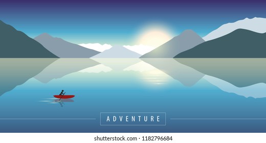 adventure in the nature canoeing on a calm sea with mountain view vector illustration EPS10