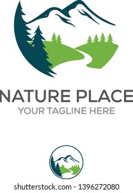 adventure and nature logo company with river or creeks and pine trees