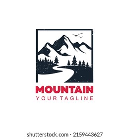 adventure and nature logo company with river or creeks and pine trees