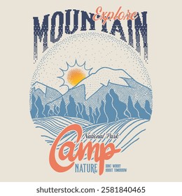 Adventure nature of mountain, vintage doted Line vector drawn sketch, Mountain with tree retro vintage print design for t shirt and others, autumn winter t-shirt design, outdoors. mountain graphic