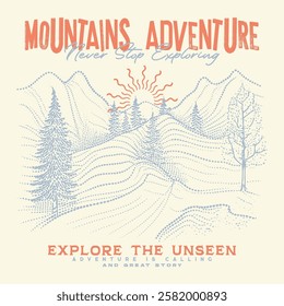 Adventure nature of mountain, vintage doted Line vector drawn sketch, Mountain with tree retro vintage print design for t shirt and others, autumn winter t-shirt design, outdoors. mountain graphic