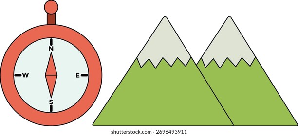 Abenteuer- und Navigationssymbolsatz: Kompass und schneebedeckte Berge