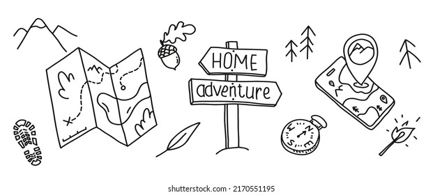 Adventure navigation vector. Outdoor navi equipment doodle set. camping and maps hand drawn. 