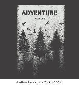 Adventure new life. Vintage design with mountains, forest silhouettes. For poster, banner, emblem, sign, logo. Vector illustration