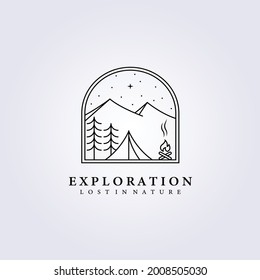 adventure night camping outdoor logo vector illustration design line art lodge log cabin mountain