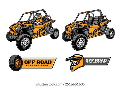 adventure off road rider and vehicle logo design for extreme sport. off road 4x4 quad racing sign symbol modern logo. off road helmet and tire sport emblem badge logo illustration