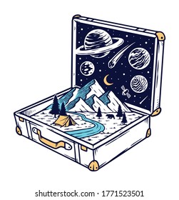 adventure with old suitcases vector illustration