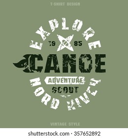 Adventure on canoe badge. Graphic design for t-shirt. Black and white print on khaki background