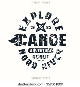 Adventure on canoe badge. Graphic design for t-shirt. Black print on white background