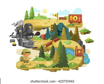 Adventure on a forest trail flat design. Outdoor nature travel and summer tourism, vector illustration