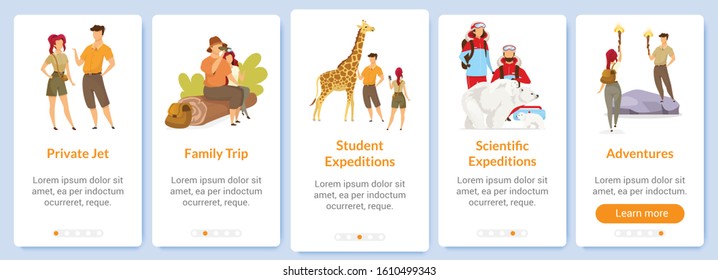 Adventure onboarding mobile app screen vector template. Expedition and exploration. Journey, trip. Walkthrough website steps with flat characters. UX, UI, GUI smartphone cartoon interface concept