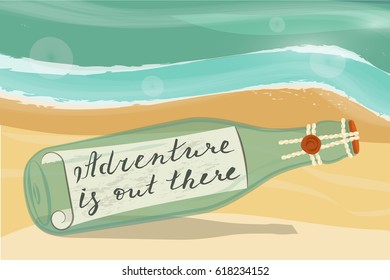 Adventure is out there. Message in a bottle on a beach. Home decor isolated on white background. Vector illustration eps 10