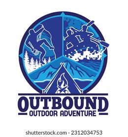 The Adventure Outbound Logo Design. Camping, Rafting, Rock Climbing Illustration