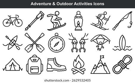 Adventure outdoor activities icons line art graphics