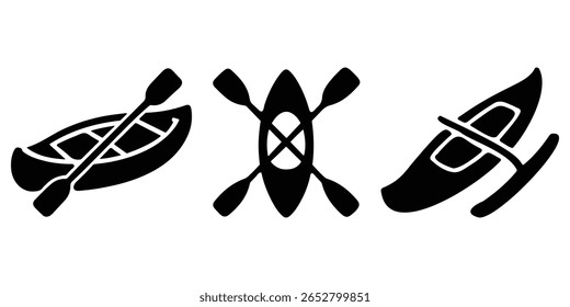 Aventura e atividade ao ar livre vetor conjunto de canoa e paddle símbolos.