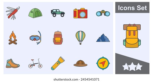 adventure, outdoor and camping activities icon set, Included icons as tent, camera, mount and more symbols collection, logo isolated vector illustration