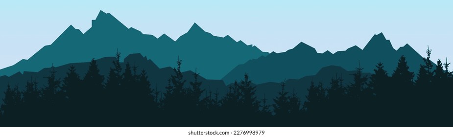 Adventure outdoor camping hiking climbing wildlife background - Green silhouette of mountains peak rock and forest woods fir spruce trees, realistic landscape panorama illustration icon vector.	
